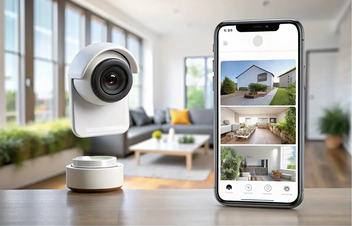 Security camera and smartphone app in a modern living room