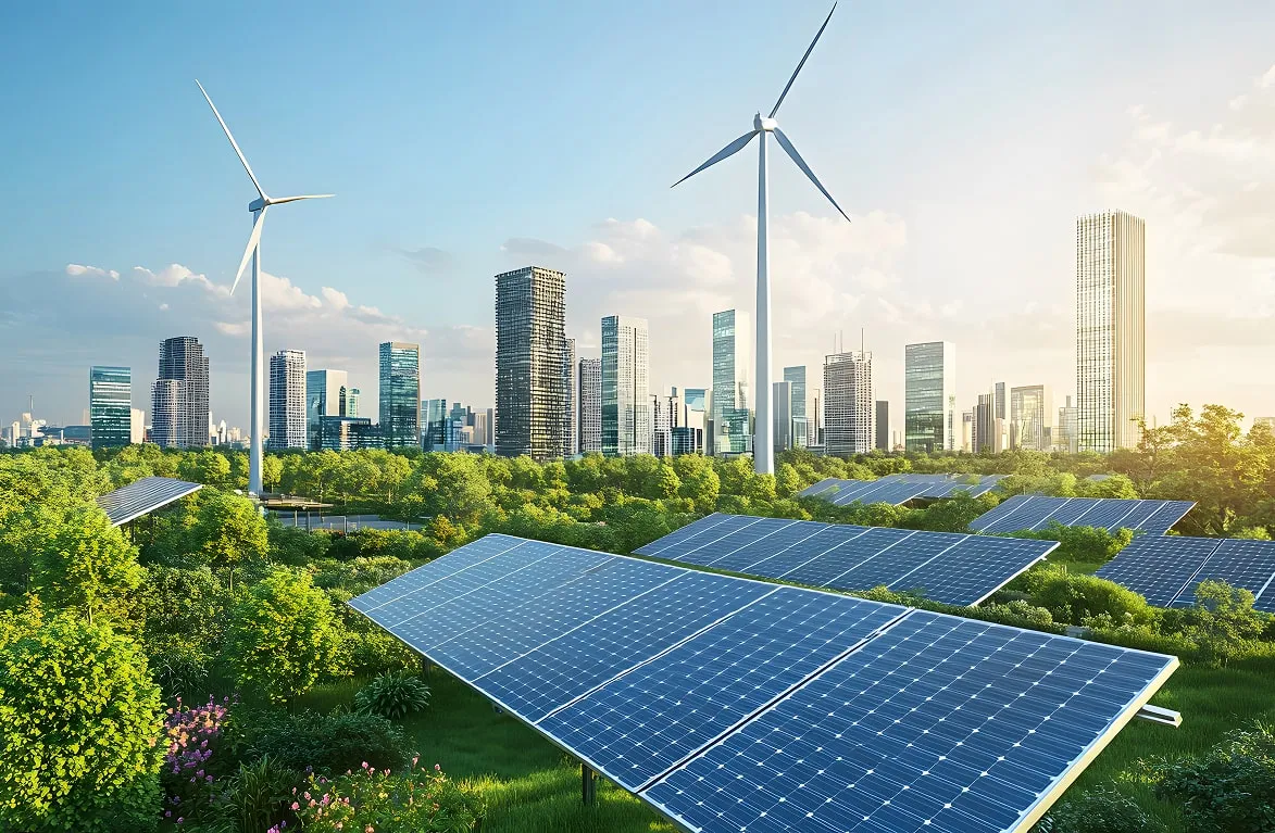 Solar panels and wind turbines near a city