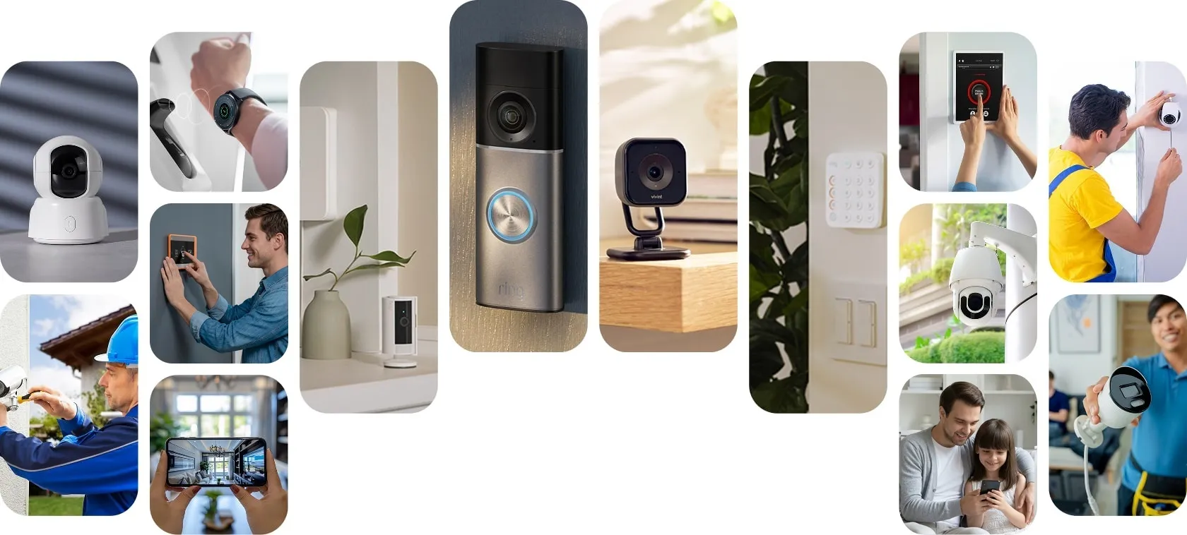 Collage of security cameras, smart devices and installation work